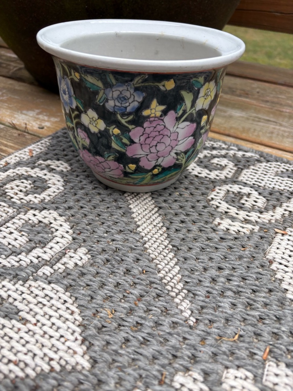 Chinese Floral Ceramic Planter with Pink and Blue Blooms